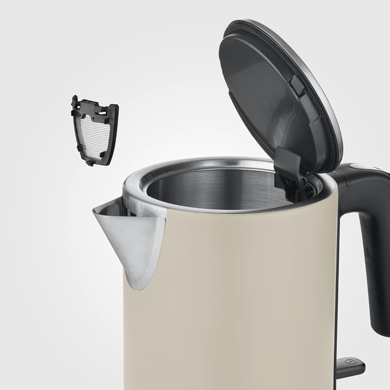 Bouilloire compacte électrique 1 L, Filtre anticalcaire amovible, Ouverture XXL, Ébullition rapide Base à 360°, Niveau d’Eau Visible, inox, Beige, 2400 W, WK 9577
