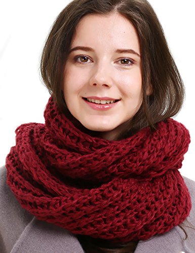 HH HOFNEN Women Solid Knit Infinity Scarf Soft Warm Scarves Thick Knitted Winter Warm Infinity Scarf (wine red)