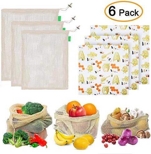 Elitlife Set of 3 Wax Paper Beeswax Cloth and 3 Fruit and Vegetable Bags Set, Food Wraps Set Various Sizes, Reusable Wax Paper Beeswax Cloths Food