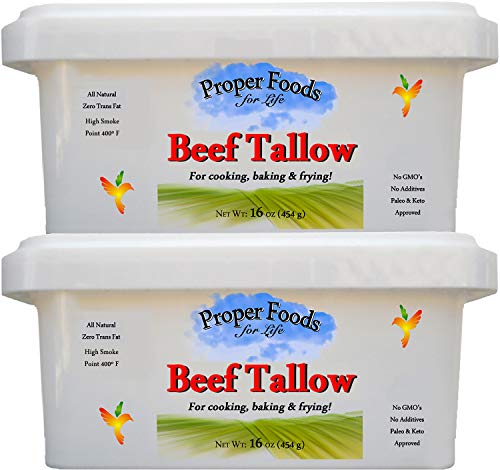 Proper Foods 100% Grass-Fed Beef Tallow - Pasture Raised - for Cooking, Baking and Frying - 16 oz (Pack of 2)