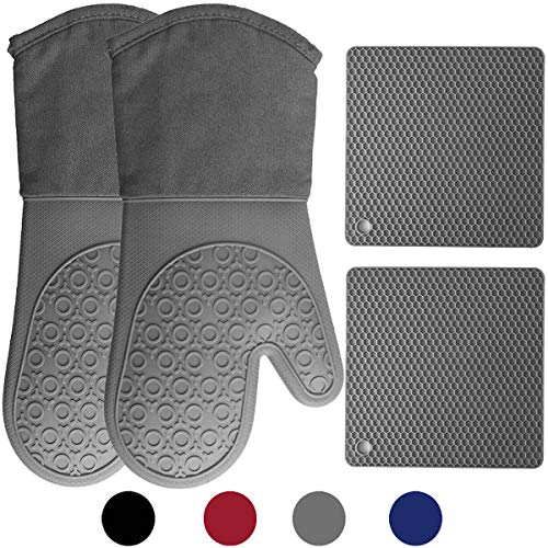 HOMWE Silicone Oven Mitts and Pot Holders, 4Piece Set, Heavy Duty Cooking Gloves, Kitchen