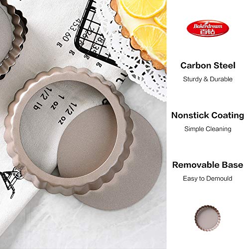 Bakerdream Round Non-stick Tart Pan Quiche Pan with Removable Bottom Mini Tart Pan Pie Pan with Loose Bottom, 3.5 Inch (Pack of 8)
