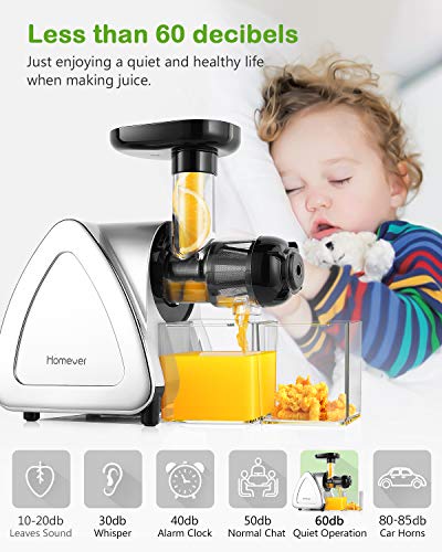 Juicer Machines, Homever Slow Masticating Juicer Extractor Easy to Clean, Cold Press Juicer for All Fruit and Vegetable,BPA-Free, Quiet Motor and Reverse Function with Juice Jug & Brush, Silver