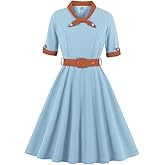 Women 1/2 Sleeve Sailor Tie Neck 1940s Vintage Dress 50s Audrey Hepburn Rockabilly Cocktail Swing Dress with Belt 1950s Tea Party Dress for Woman Wedding Prom A-Line Evening Dress Light Blue+Brown XL