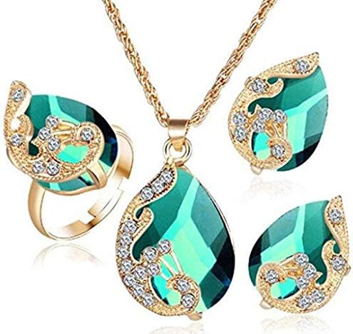 ILJILU Fashion Women Necklace 3 Piece Peacock Rhinestone Necklace Ring Earrings Jewelry Set Fashion Charm Crystal Pendant Gift for Women Lady
