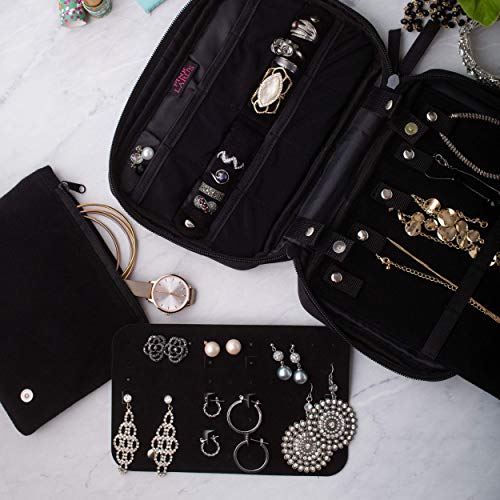 Pink Larus Travel Jewelry Organizer. Tangle-Free Necklace with Roll Out Mat, Earring Card for Studs, Drop and Hoops, and Ring Organizer. Black Compact Case Fits Perfectly in a Carry On!