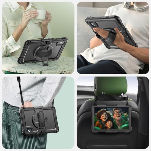 SEYMAC Case for Lenovo Idea Tab 11 2025 / Tab M11 2024 / K11 11 Inch, Shockproof Case for Lenovo M11 with Screen Protector, 360 Rotating Stand, Hand Strap, Shoulder Strap, Pen Holder, Black