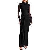 Women's Long Sleeve Bodycon Maxi Dress Mesh Tie Sexy Backless Fall Formal Wedding Guest Party Cocktail Dresses