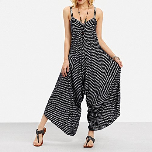 Corriee Plus Size Jumpsuits for Women Leisure Spaghetti Strap V Neck Stripe Baggy Jumpsuit Rompers Black
