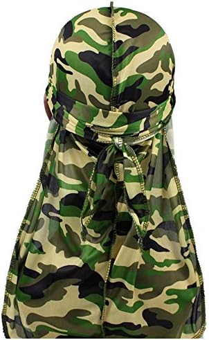 Fashion Military Camouflage Silky Durag Waves Pirate Caps Bandana Beanie Hat Turban Headwraps with Long Tail and Straps for Men and Women
