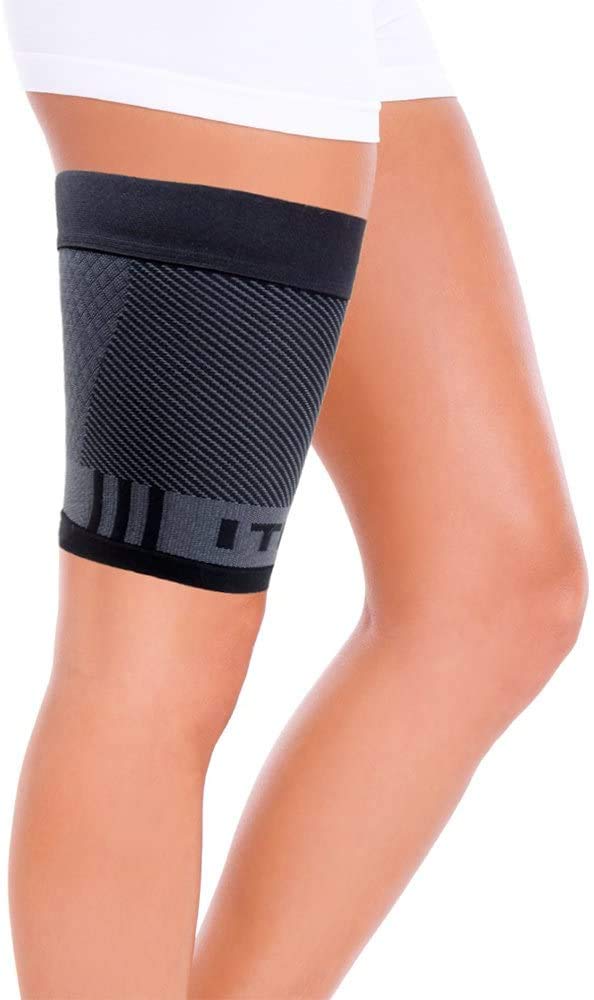Orthosleeve® QS4 Thigh Compression Sleeve | Black size L | Exclusive 4 Zone Compression Technology® | Built-In ITBS Band | Quad Strain, Hamstring, Leg Fatigue Therapy & Relief | Lightweight Strap | Boosts Circulation