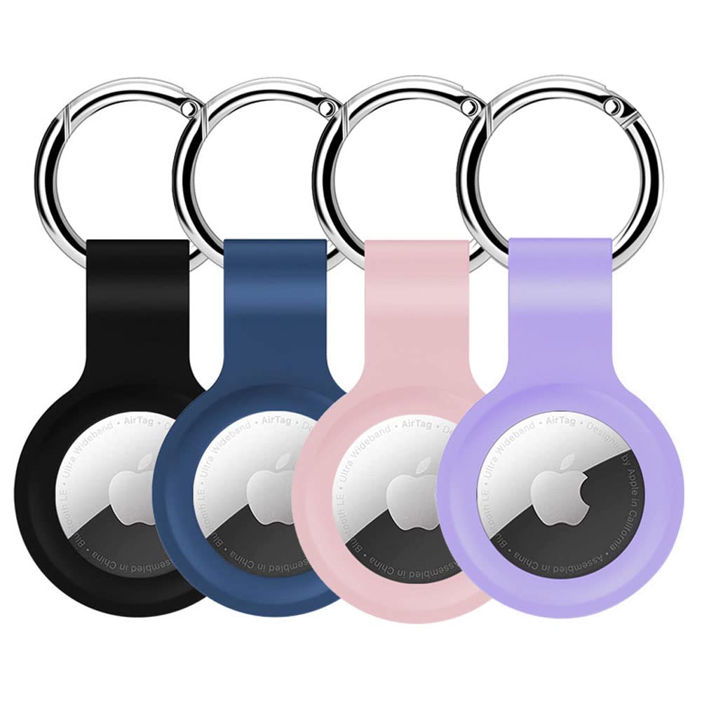 Alsukeay 4 Pack Holder Case for AirTag with Keychain Silicone Protective Skin Cover with Loop Key Ring Compatible with AirTag Tracker Wallet Backpacks Luggage Dog Cat Pets (Black/Blue/Pink/Purple)