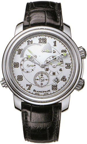 Blancpain Leman Reveil GMT Mens Black Strap Silver Dial 18K White Gold Automatic 2nd Time Zone Alarm Watch 2041-1542M-53B