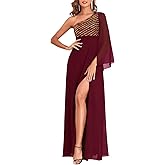 YHHOWEP Women's Formal Evening Gowns Dress Long One Shoulder Sparkly Sequin Chiffon Split Cocktail Wedding Guest Ball Dresses
