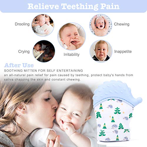 Prohapi Silicone Baby Teething Mitten, Self-Soothing Teether & Teething Pain Relief Toy Glove Plus Hygienic Travel Storage Pouch - Natural Remedy for Infant & Toddlers 3-6 Months (Blue Hedgehog 2 pcs) - Thumbnail 2