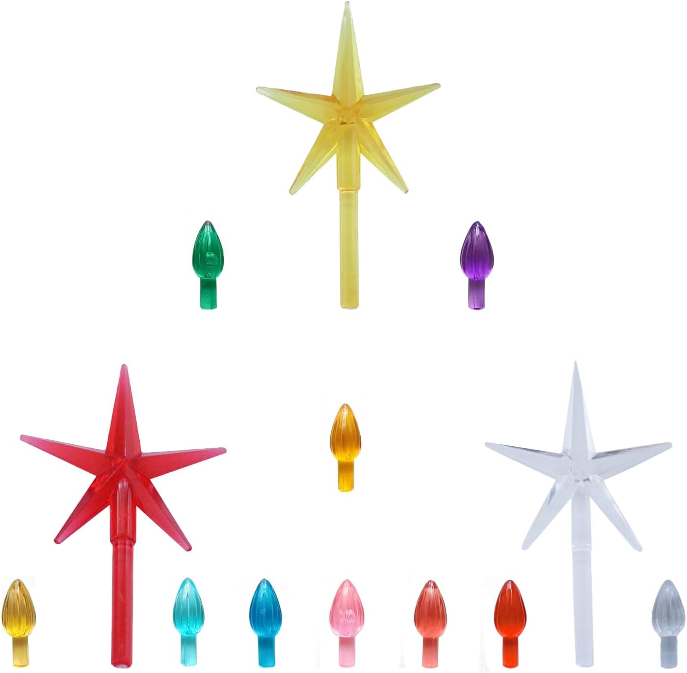 Tree Toppers - Ceramic Christmas Tree Replacement Lights Bulbs - Multicolor Plastic Medium Twist Light Ornaments, Mini Vintage Flame Shape Artcraft Ornaments Sets, 105 PC Bulbs Plus 3 Star Topper