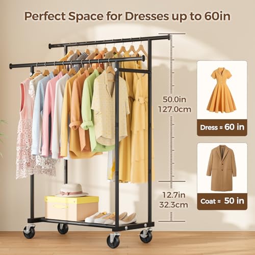 HYSEYY Double Rod Clothes Rail, Rolling Clothes Rack, Metal Clothing Rail with Lockable Wheels & Storage Shelf, Clothing Rack for bedroom, Laundry, Living Room - 160H x 113W x 42D cm, Black