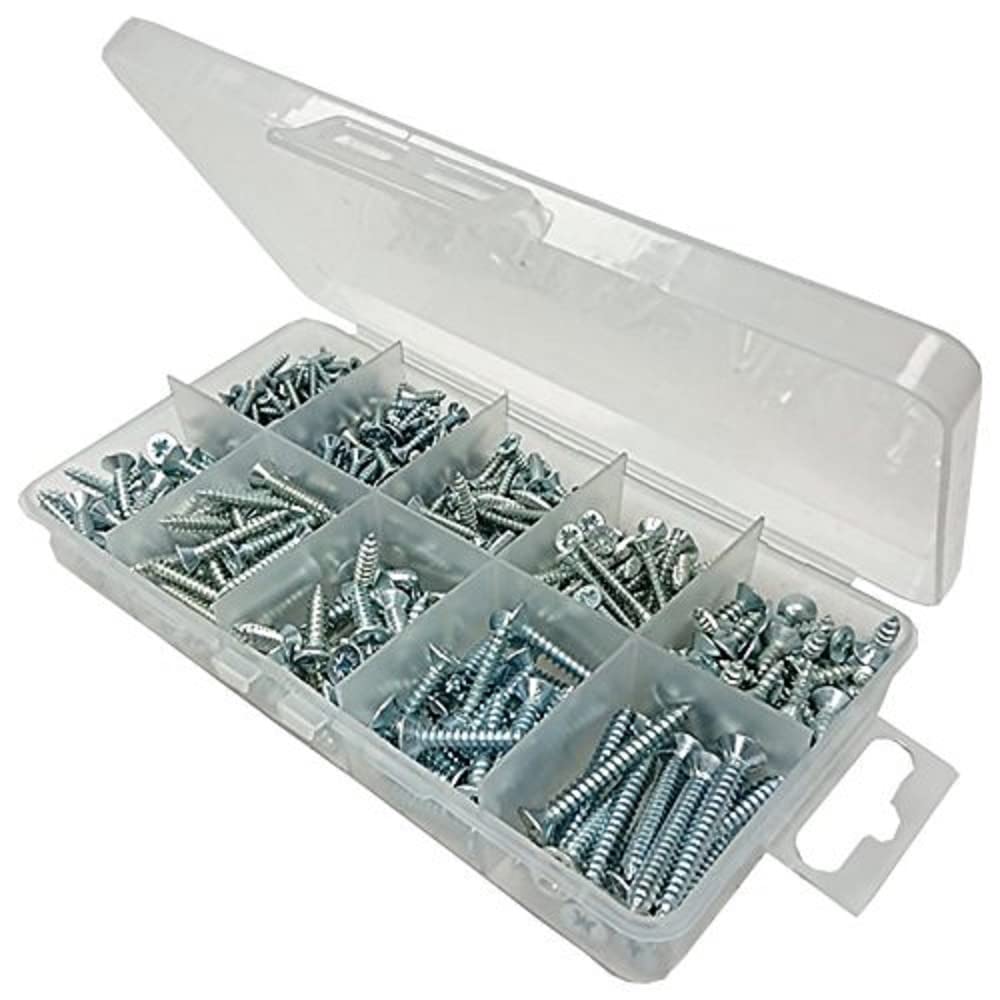 Merriway BH06579 (220 Pcs) Assortment of BZP Pozi CSK Head Self Tapping Screws in a 10 Compartment Carry Case - Pack of 220 Pieces