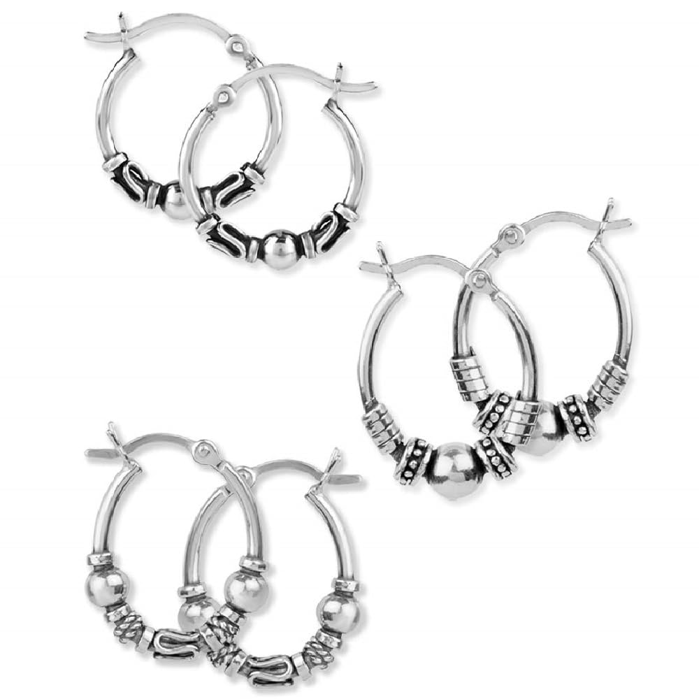 LeCalla 925 Sterling Silver Balinese Hoop Earrings Set of 3 Pair 17mm, 20mm Hypoallergenic Click Top Tribal Bali Hoop Earrings for Women