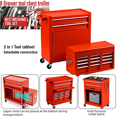 Big Removable Tool Chest, Rolling Tool Chests with Wheels (2PCS Lockable) and Drawers, Top Tray and Bottom Cabinet Door with Keyed Locking System, for Garage, Warehouse, and Workshop, etc(Red)