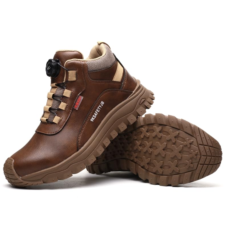 FOGOIN Chaussures de travail pour homme, imperméables, légères, avec bouton rotatif, anti-perforation, E267 marron, 40 EU