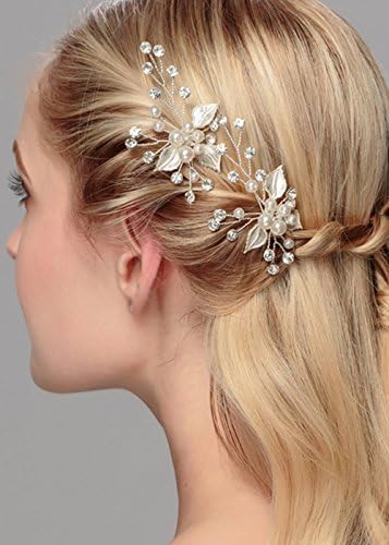 Gracewedding Bridal Imitation Pearls and Rhineatone Leaf Hair Pins Women Headpiece Wedding Hair Accessories-Bridal Hair Accessories Vintage Wedding Hair Jewelry for Party and Evening Set of 3 (Silver)