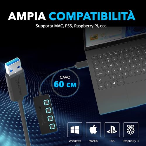 SABRENT USB 3.2 Gen 1 Hub [4 Ports] USB Power Strip Power Strip USB Splitter, Single ON/OFF Switches and LED Lights with Power Supply for PS4/PS5, PC, Laptop, USB Flash Drive (HB-UMP3)