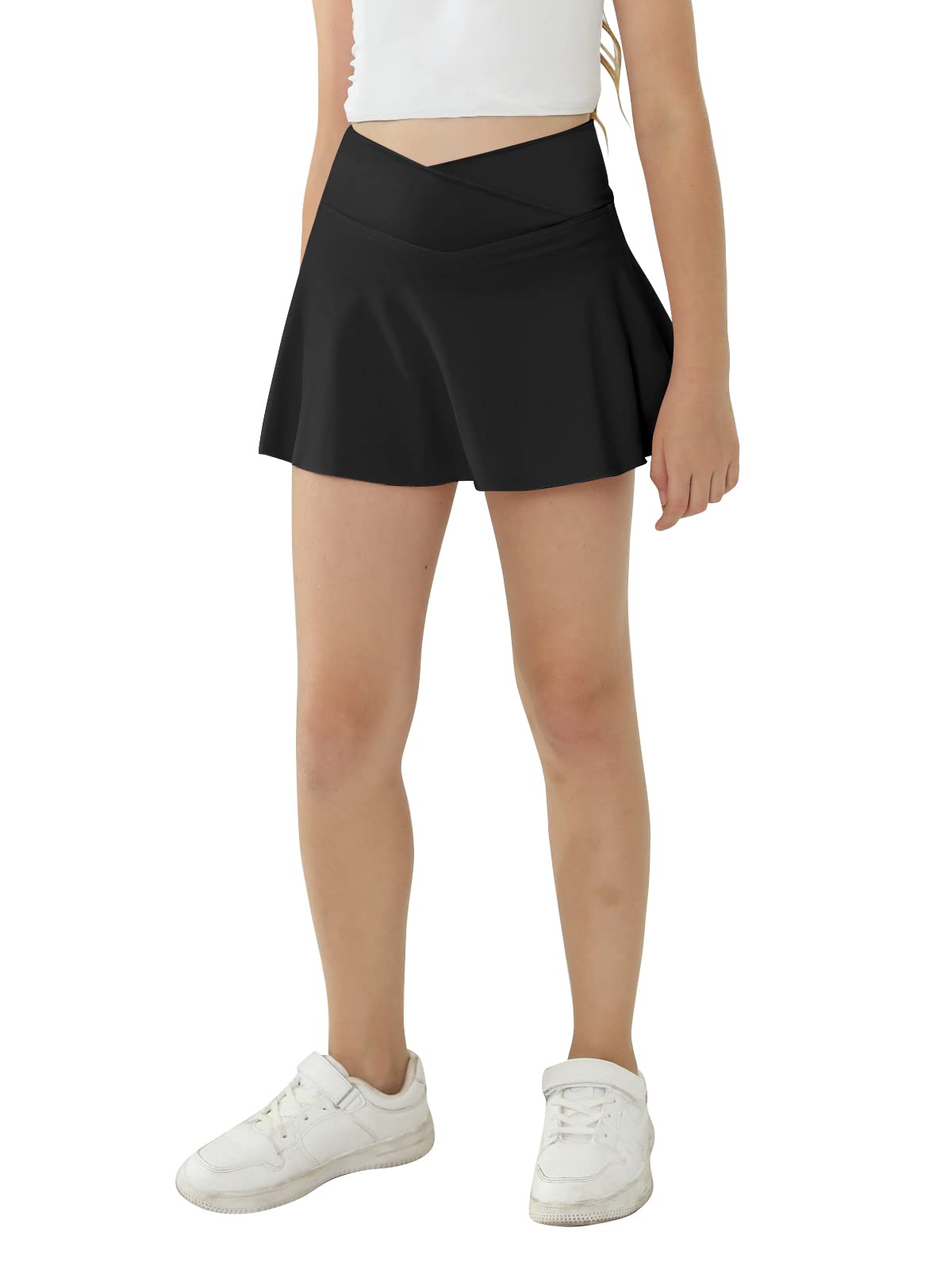 Girl's Sport Skirts with Pockets Shorts Cross High Waist Tennis Golf Skort Solid Color Athletic Workout Skirt