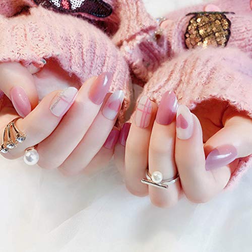 Tgirls 24Pcs Pink Glossy False Nails Heart Full Cover Medium Oval Fake Nails Nude Wedding Party Nail for Women and Girls - Thumbnail 7