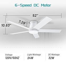 wurzee 52" Ceiling Fan with Light, White,6 Speeds