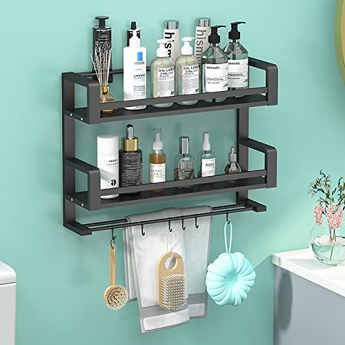 Spice Rack Organizer Wall Mounted 2 Tier, Floating Shelves Black, Wall Shelf for Bedroom, Wall Decor, Living Room, Kitchen Storage, Bathroom Shelves Over Toilet with Towel Rack Guardrail Holder Hook