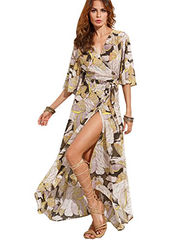 Milumia Women's Boho Split Tie-Waist Vintage Print Maxi Dress (Medium, Grey-Yellow)