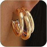 Chunky Gold Plated Triple Circle Stud Earrings for Women Statement Charming Unique C-Shaped Earring Trendy Prom Party Costume Jewelry Accessories Gift