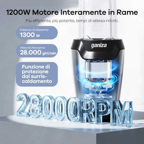 Ganiza Blender 1300W with 3 Portable Cups (2 x 1100ml & 1 x 660ml) Six Stainless Steel Blades, BPA Free, Easy to Clean, Electric Blender for Milkshake and Ice Crusher