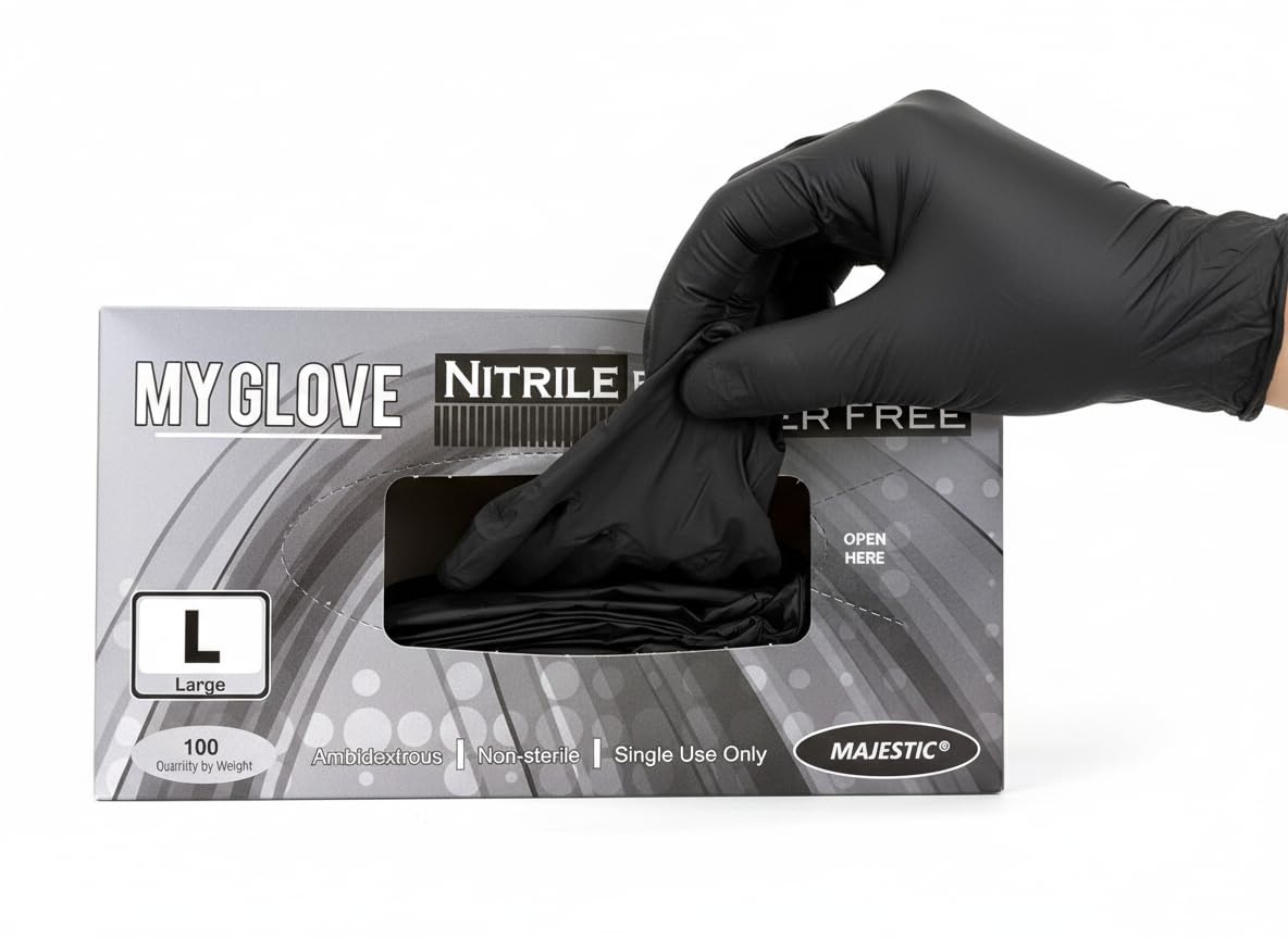 100 x Nitrile Disposable Gloves – 5 mil, Black Heavy Duty Examination Gloves – AQL 1.5 - Chemical Resistant, Latext-Free, Powder-Free, Non-Sterile Gloves for Cooking, Mechanic, Tattooist (Large)