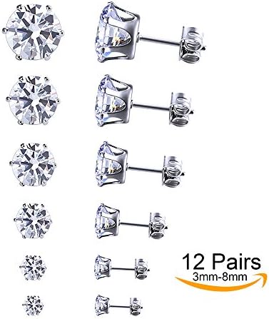 Jesries 12 Pairs Jewelry Stainless Steel Round Clear Cubic Zirconia Stud Earrings for Women,teens girls