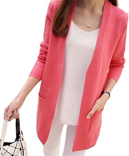 Women Spring Autumn Sweater Long Cardigan Korean Slim Pocket Loose Knit Sweater Outwear Coat Watermelon S