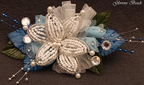 Light Blue, Royal Blue and white BEADED lily wrist Corsage with roses, beads, and rhinestones. Also sold with matching boutonniere. Other colors offered in my Amazon store!