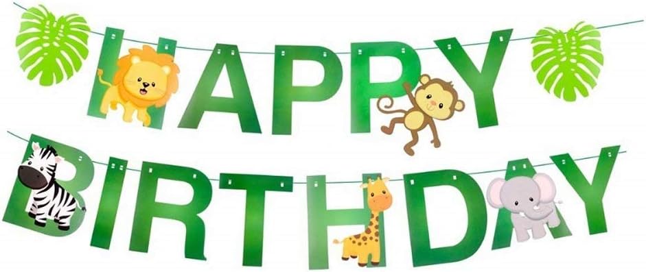 15pcs Jungle Animals Leaves Happy Birthday Banner, Cute Zoo Party Decoration Supplies for Woodland Garland Forest Themed Birthday Festival Party