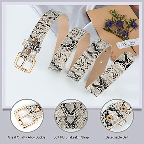 2 Pack Women Snakeskin Print PU Leather Belt for Pants Dress with Gold Color Pin Buckle By JASGOOD 0.9 Inch Wide Black + Grey