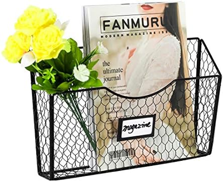 PAG 3 Pockets Hanging File Holder Wall Mount Mail Organizer Steel Hen Wire Journal Rack with Tag Slot, Black