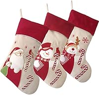 WEWILL Lovely Christmas Stockings Set of 3 Santa, Reindeer, Snowman Xmas Character 3D Plush Linen Hanging Tag Knit Border 17-Inch (3)