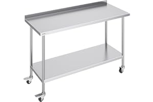 VEVOR 24 x 60 x 40 Inch Stainless Steel Work Table, Commercial Food Prep Worktable with Casters, Heavy Duty Prep Worktable, M