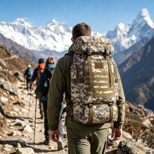 Mochila de Viagem 80L Impermeável para Camping e Trilha, Mochila Esportiva Grande Multifuncional com Compartimentos Amplos, Alças Confortáveis e Suporte para Equipamentos Outdoor, Camuflado