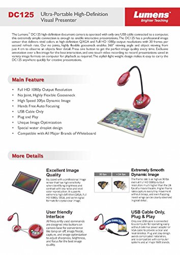 Lumens DC125 Ladibug USB Document Camera, Full HD 1080p Output Resolution, High-speed 30fps Dynamic Image, 8x Zoom, Plug-and-Play, Single or Continuous Capture, Built-in Microphone
