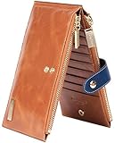 Borgasets RFID Blocking Women's Genuine Leather Wallet Credit Card Holder Zipper Purse Brown