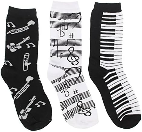 Women's Black White Music Notes, Piano Keys, Instruments Crew Socks, (3Pr) Size: 9-11