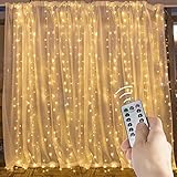 Brightown 10 Ft Window Curtain Icicle String Lights with Remote & Timer, 300 LED Fairy Twinkle Lights with 8 Modes Fits for Bedroom Wedding Party Backdrop Outdoor Indoor Wall Decoration, Warm White