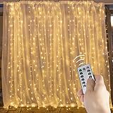 Brightown 10 Ft Window Curtain Icicle String Lights with Remote & Timer, 300 LED Fairy Twinkle Lights with 8 Modes Fits for Bedroom Wedding Party Backdrop Outdoor Indoor Wall Decoration, Warm White
