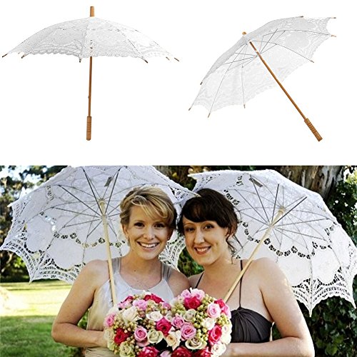 Vintage Lace Parasol Umbrella for Bridal Wedding Party Decoration Photo Props Costume Accessory (White)